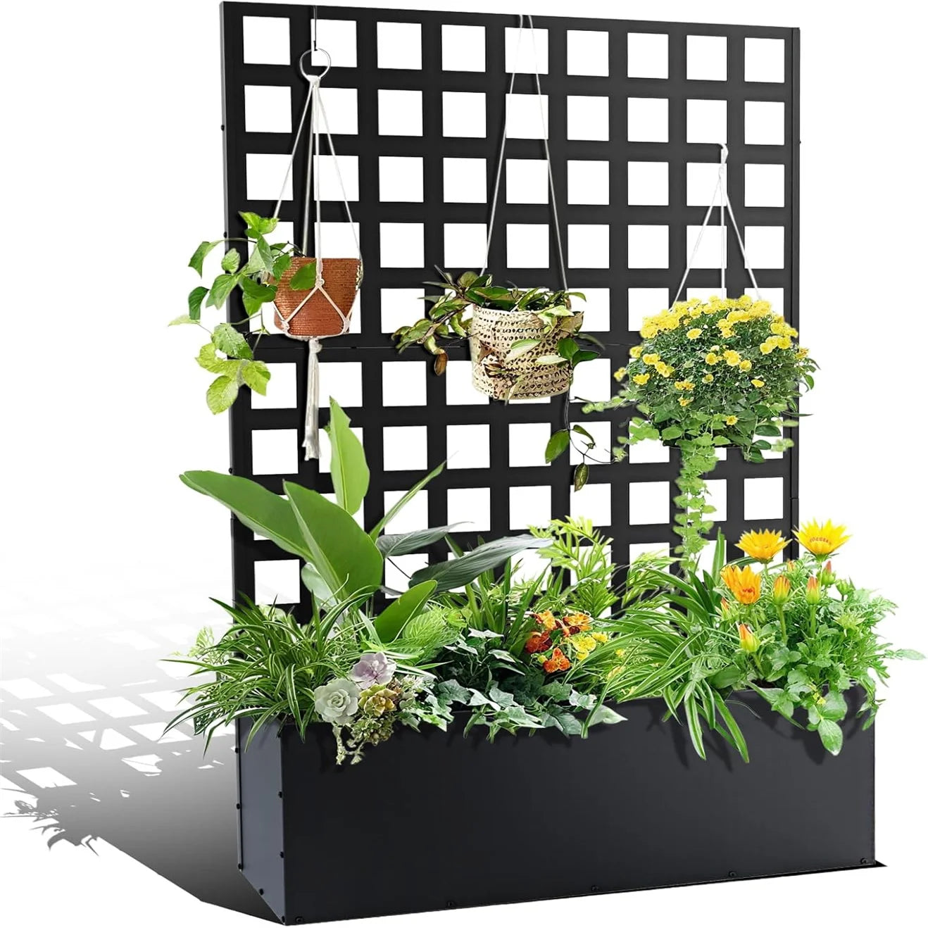 71"x47" Raised Metal Garden Bed with Attached Trellis Privacy Screen | Outdoor Planter Box w/ Drainage Holes for Climbing Plants