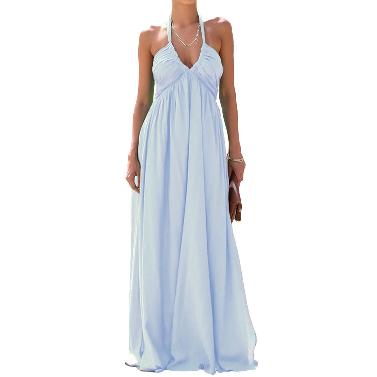 Women Summer Casual Long Dress Solid Color Tie-Up Halter Neck Sleeveless Dress Beach Holiday Backless Dress