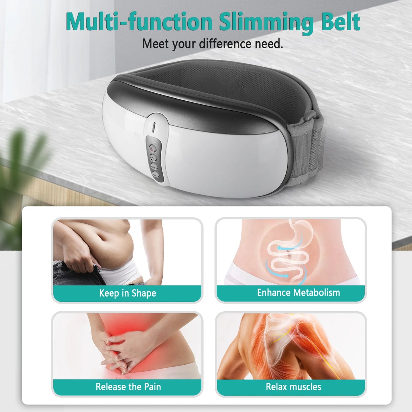 Wireless Slimming Belt Abdominal Massager Portable Weight Loss Machine with 4 Vibration Massage Modes Heating for Belly Abdomen