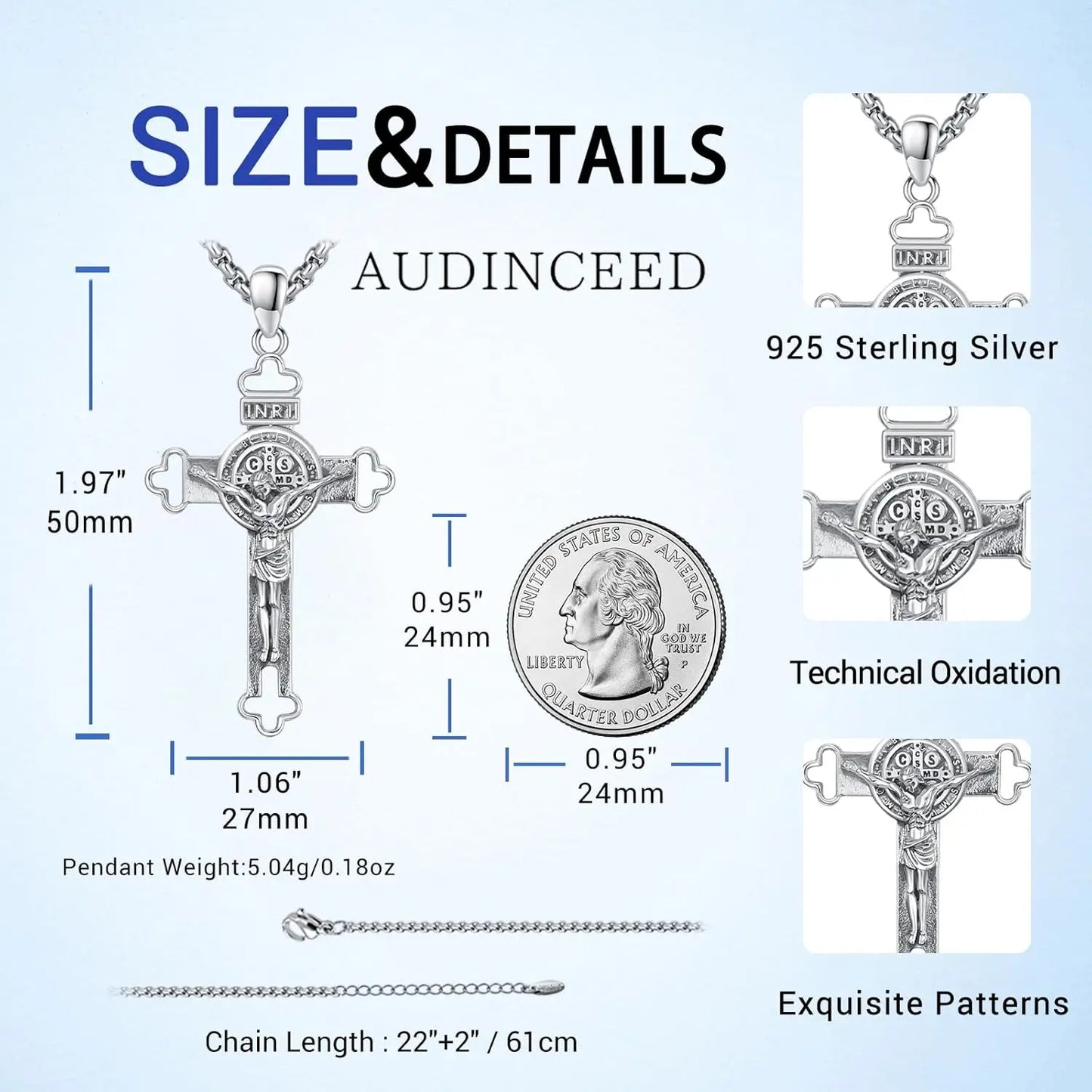 Saint Benedict Crucifix Necklace 925 Sterling Silver Pendant