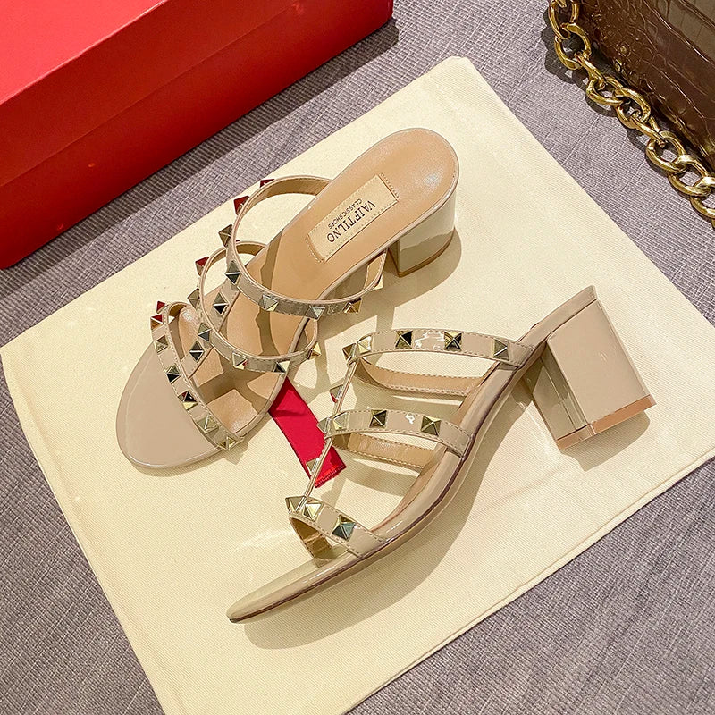 Women's sandals Gladiator summer 2025 luxury Brand Designer Heeled slipper Leather Silver Rivets High Heels Ladies shoes Women