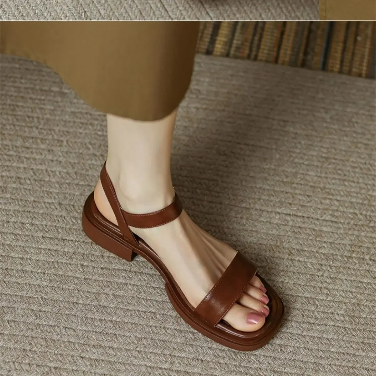 Black Sandals for Woman with Strap Summer 2024 Footwear Outdoor Women's Shoes Flat Leather One Word Comfort Korea Designer Trend