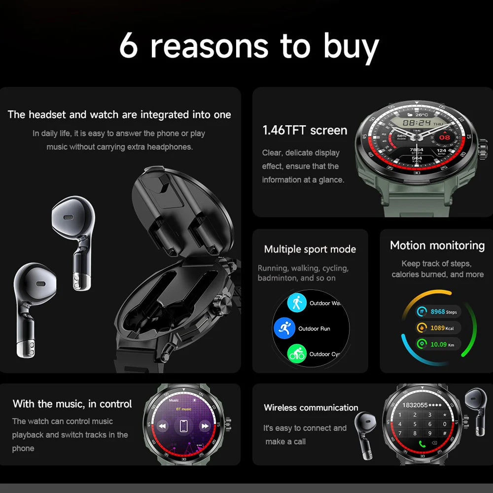 Smart Watch with Built in Earbuds Fitness Tracker for Men Wireless Call NFC Compatible with iPhone Android