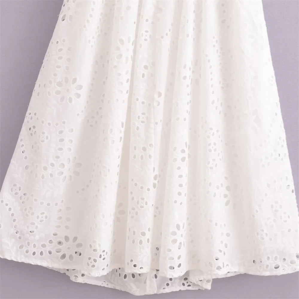 PB&ZA2024 Summer New Product Casual Women's Fashion Long sleeved Short sleeved Hollow Embroidered Shirt Style Dress