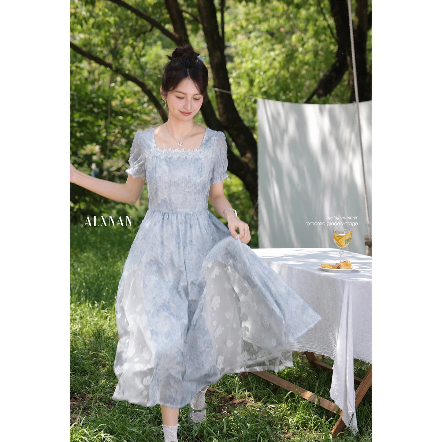 ALXNAN Women Dress Light Blue Floral Puff Sleeves Long Dress 2025 Summer Square Neck Lace Design Midi Ladies Clothing DYL661834