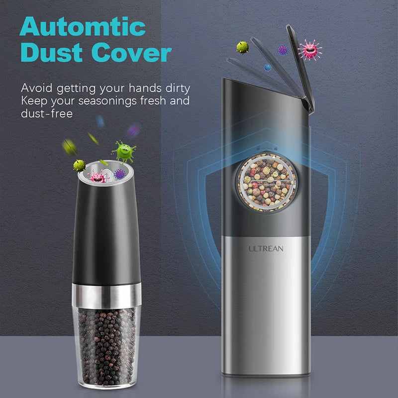 ULTREAN Salt and Pepper Grinder Electric Stainless Steel Salt Pepper Mills with Adjustable Fineness Auto Dust Lids Kitchen Tool
