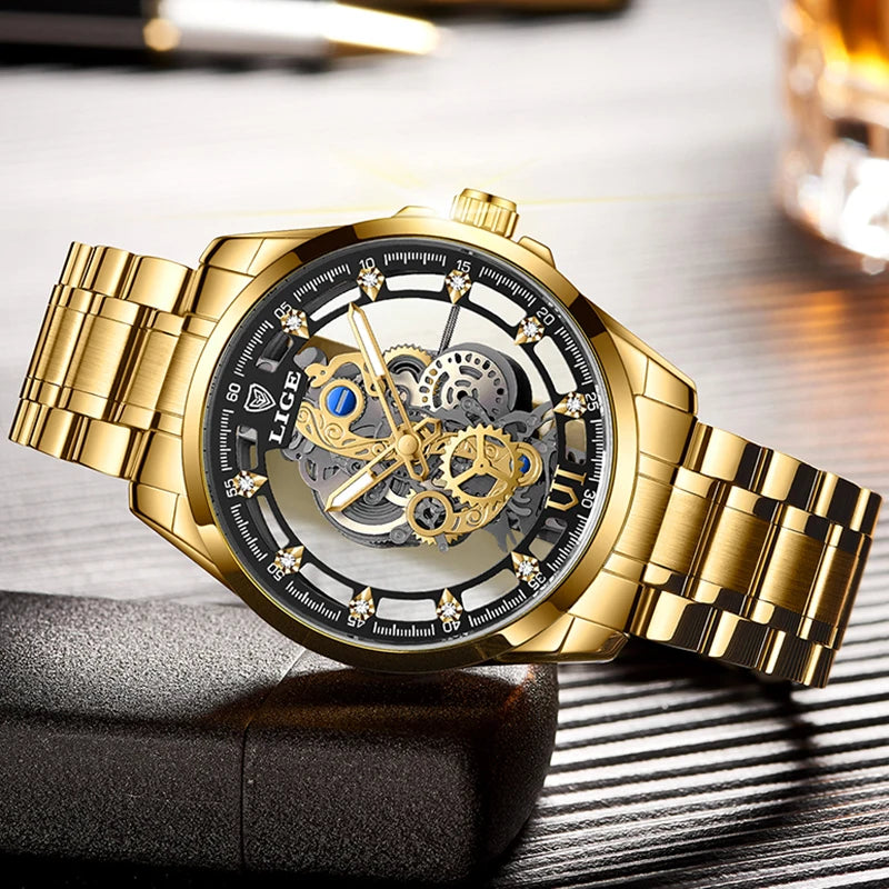 LIGE New Fashion Mens Watches Top Brand Luxury Hollow Watch Men Military Sports Waterproof Quartz Watch For Men Montre Homme+BOX