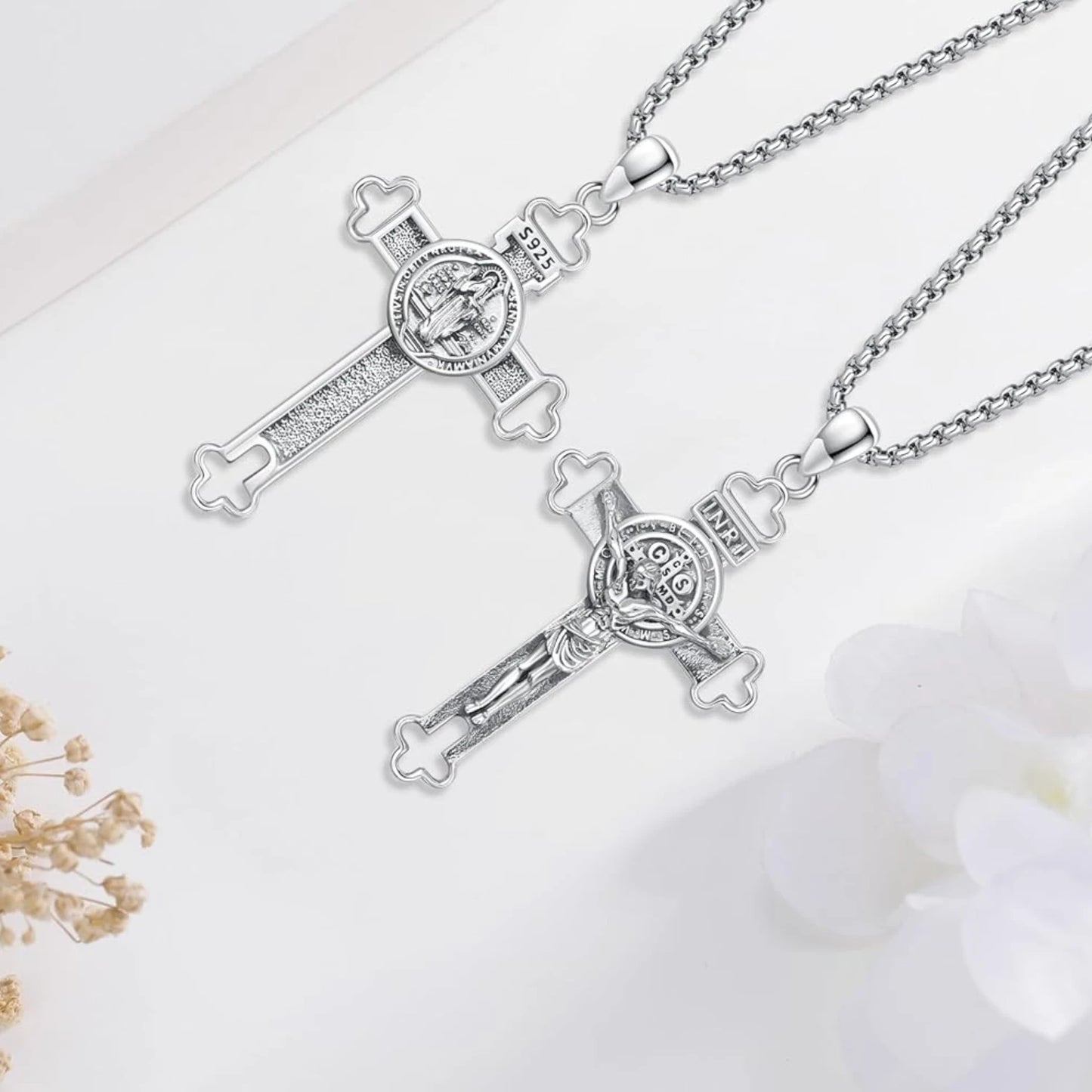 Saint Benedict Crucifix Necklace 925 Sterling Silver Pendant