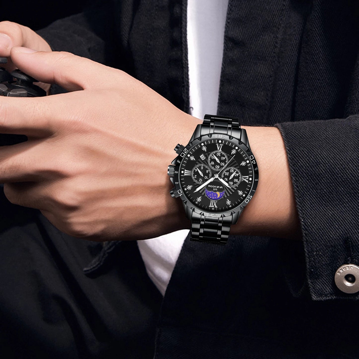 Men Watch US Fast Delivery Multifunctional Luxurious Rhinestone Moonlight Stainless Steel Business Leisure Quartz 1 Set Watches