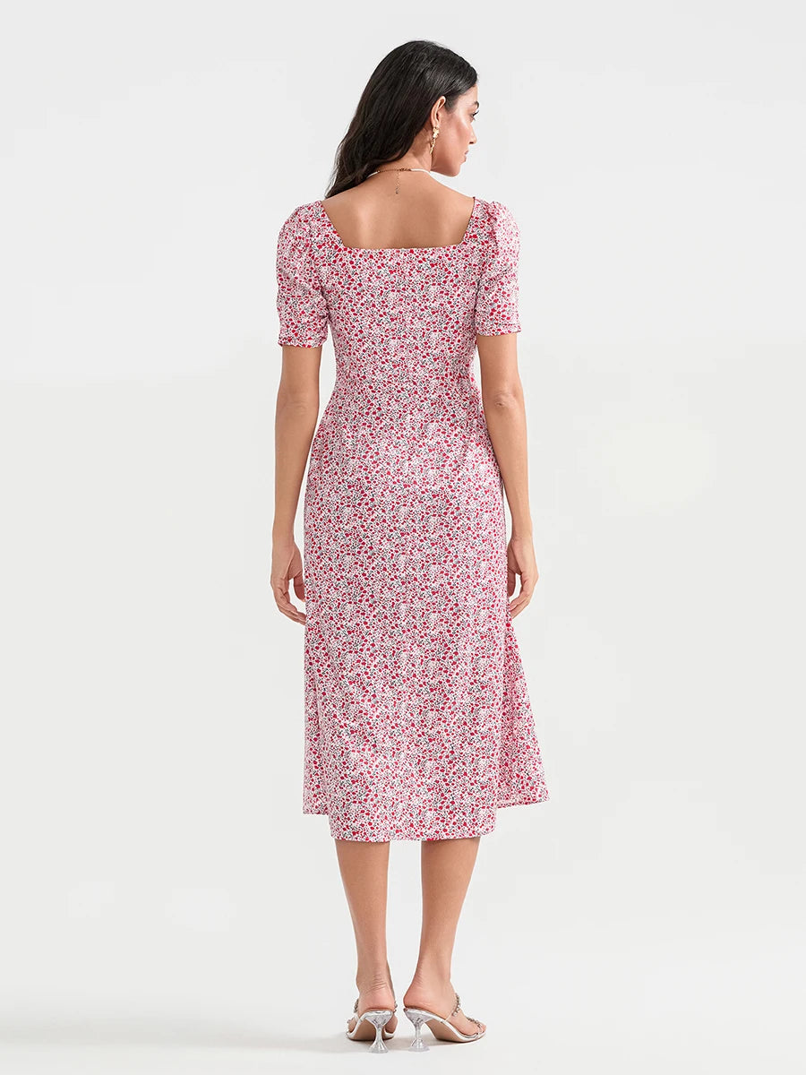 Women s Summer Midi Dress Casual Short Puff Sleeve Floral Print A-Line Dress Elegant Flowy Dress