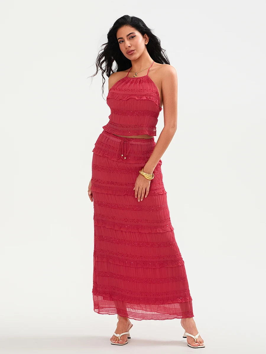 Elegant Floral Print Off-Shoulder Ruffle Sleeve Crop Top and High Waist Maxi Skirt 2 Piece Set for Women Summer Outfit