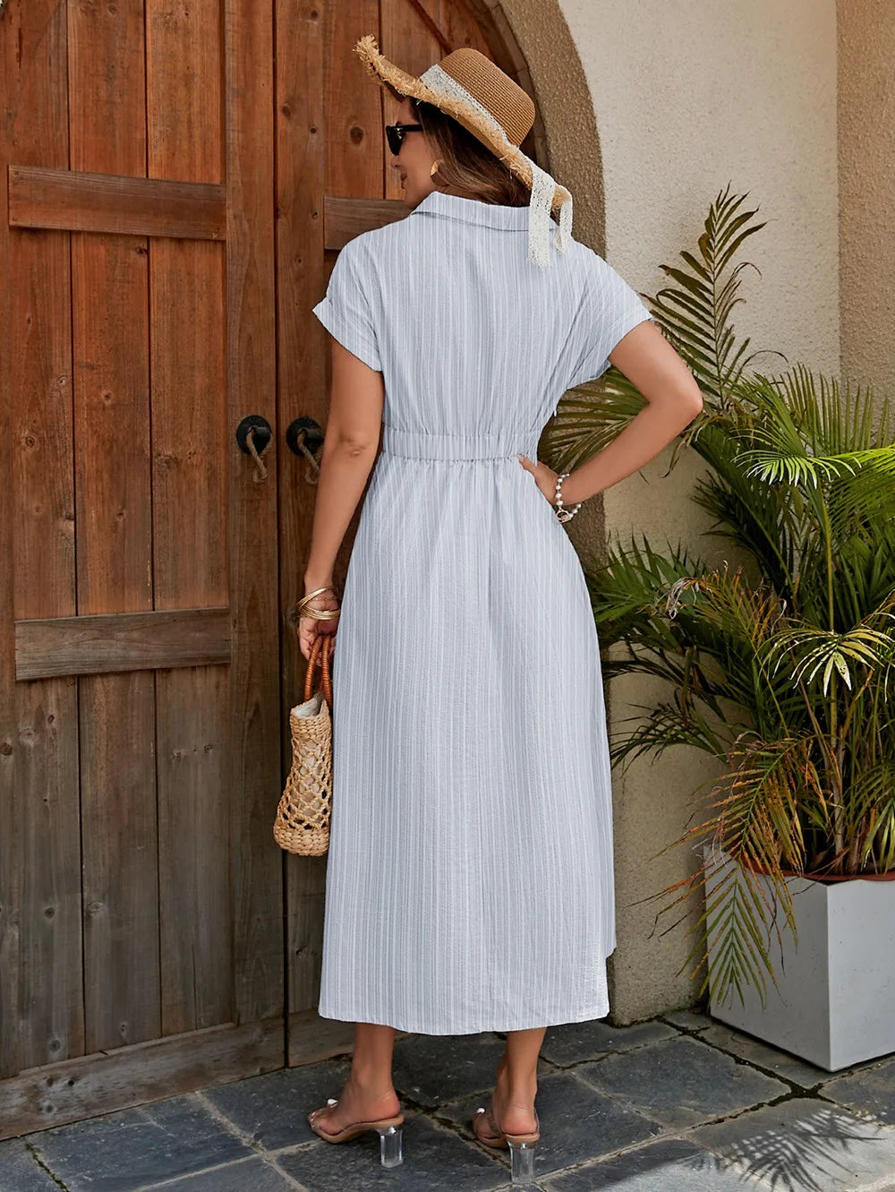 Knotted Waist Detail For A Flattering Fit Women's Cotton Shirt Dress - Breathable X-Line Midi Dress With