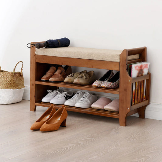 Bamboo Free Standing Shoe Rack Bench, 2 Tier Storage, Comfortable Seat, Holds 6 Pairs, Raised Bottom for Moisture Resistance