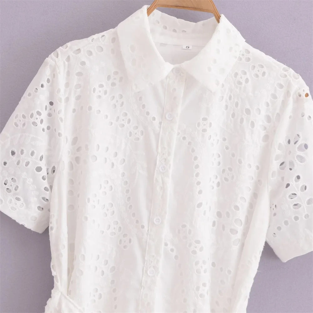 PB&ZA2024 Summer New Product Casual Women's Fashion Long sleeved Short sleeved Hollow Embroidered Shirt Style Dress