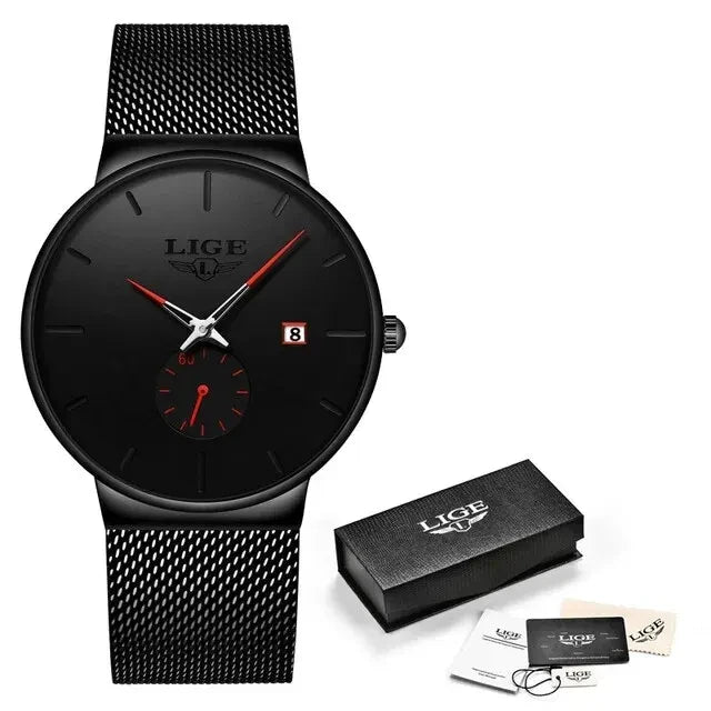 LIGE Fashion Ultra-Thin Mesh Watch Men Business Sports Men's Quartz Wristwatches Waterproof Date Chronograph Relogios Masculino