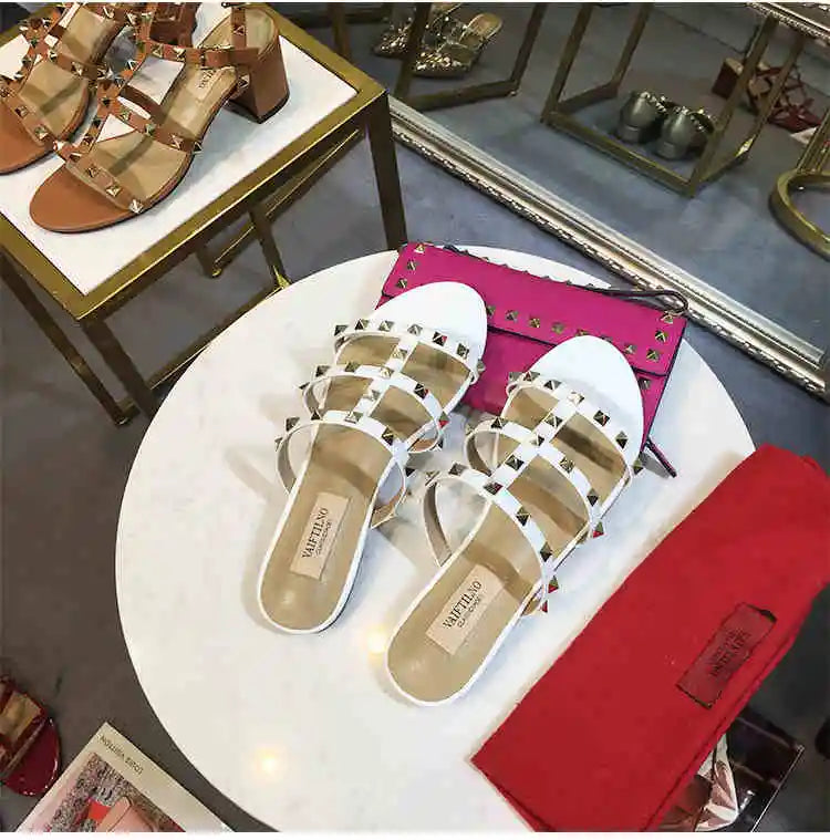 Women's sandals Gladiator summer 2025 luxury Brand Designer Heeled slipper Leather Silver Rivets High Heels Ladies shoes Women