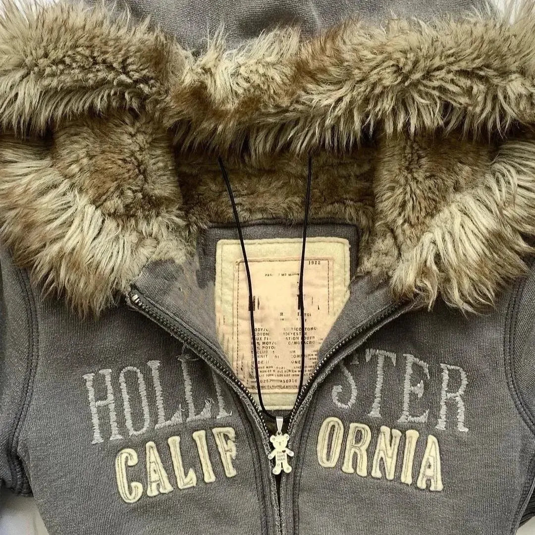 Y2K Women Aesthetic Harajuku Faux Fur Hooded Zip Up Jacket