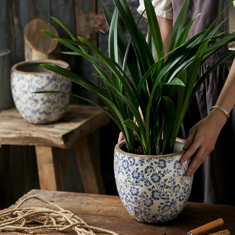 New Chinese Antique Blue And white Pottery Orchid Butterfly Ceramic Flower Pot Hydroculture Planting Flowers Green Plants Garden