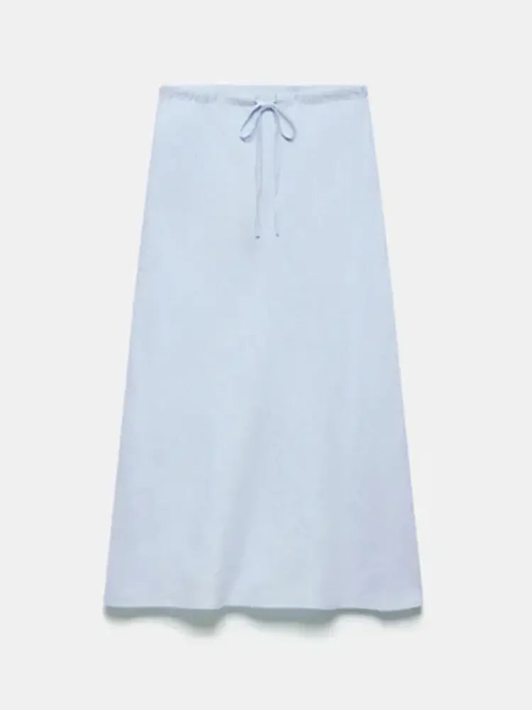 Women Cotton Linen Suit Lace Up Short Two Piece Set Puff Sleeve Shirts Loose A-line Long Skirt Sets Lady Office Matching Set