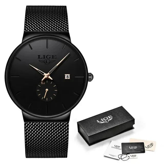 LIGE Fashion Ultra-Thin Mesh Watch Men Business Sports Men's Quartz Wristwatches Waterproof Date Chronograph Relogios Masculino