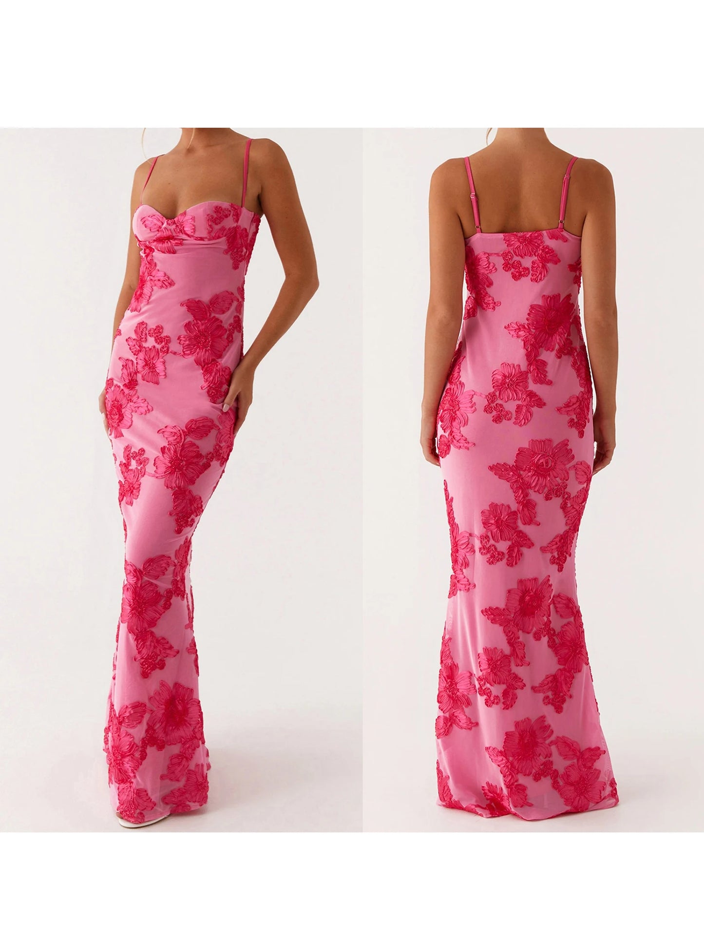 Elegant Lace Embroidered Maxi Dress with V-Neckline and Adjustable Spaghetti Straps Boho Chic Summer Beach Wedding Gown