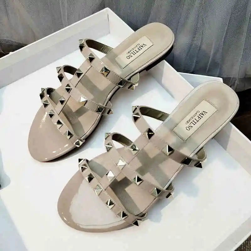 Women's sandals Gladiator summer 2025 luxury Brand Designer Heeled slipper Leather Silver Rivets High Heels Ladies shoes Women