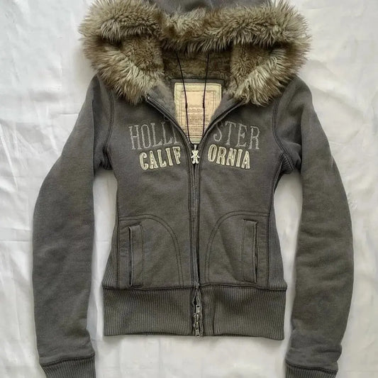 Y2K Women Aesthetic Harajuku Faux Fur Hooded Zip Up Jacket