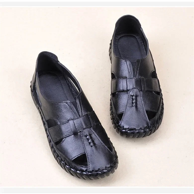 TIMETANG Women's Sandals 2022 Summer Genuine Leather Handmade Ladies Shoe Leather Sandals Women Flats Retro Style Mother Shoes