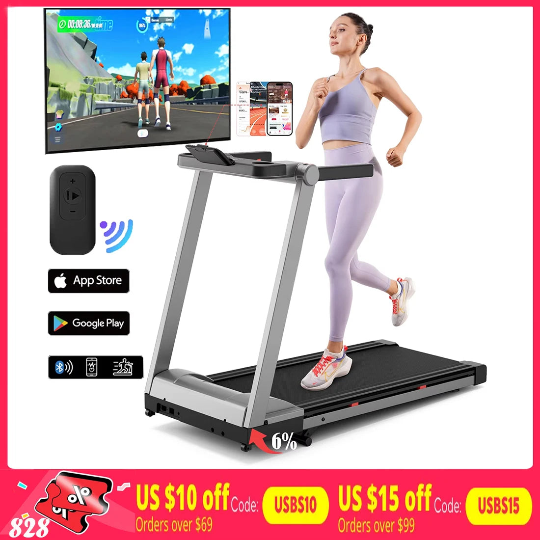 3.5HP Foldable Incline Home Treadmill Walking Pad with Handle Bar Holder 350LBS Capacity Touch Screen Smart App Data Monitoring