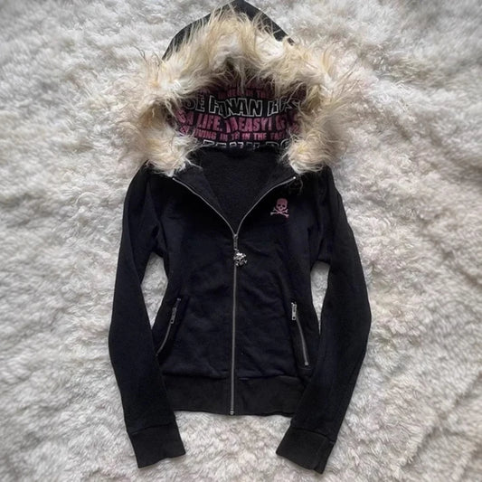 Fur Collar Long Sleeve Hooded Sweatshirt Jacket for Women