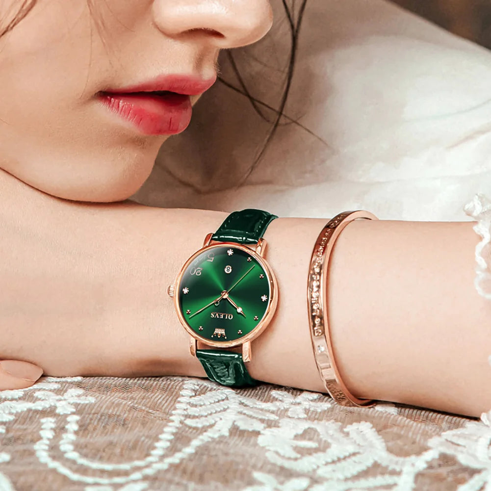 OLEVS Women Watch Luruxy Fashions Original Wristwatch Green Dial Leather Strap Waterproof Women's Watch Elegant Casual Gift Set