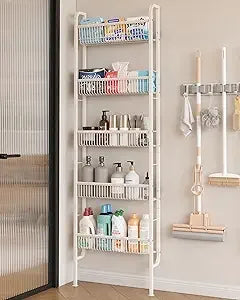 Behind The Door Bathroom Shelf Narrow 5-Tier, Space-Saving Slim Bathroom Storage Shelf Narrow Shelving Unit for Bathroom and Ki