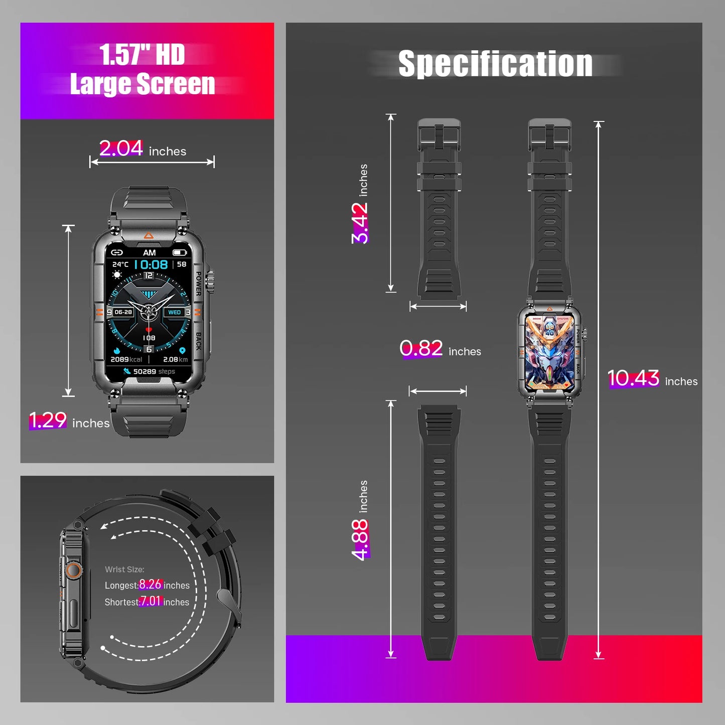 LaNikar New Military Smart Watch 100+ Sports Modes Health Monitor Bluetooth Call IP67 Waterproof Men Women For IOS Android KR88