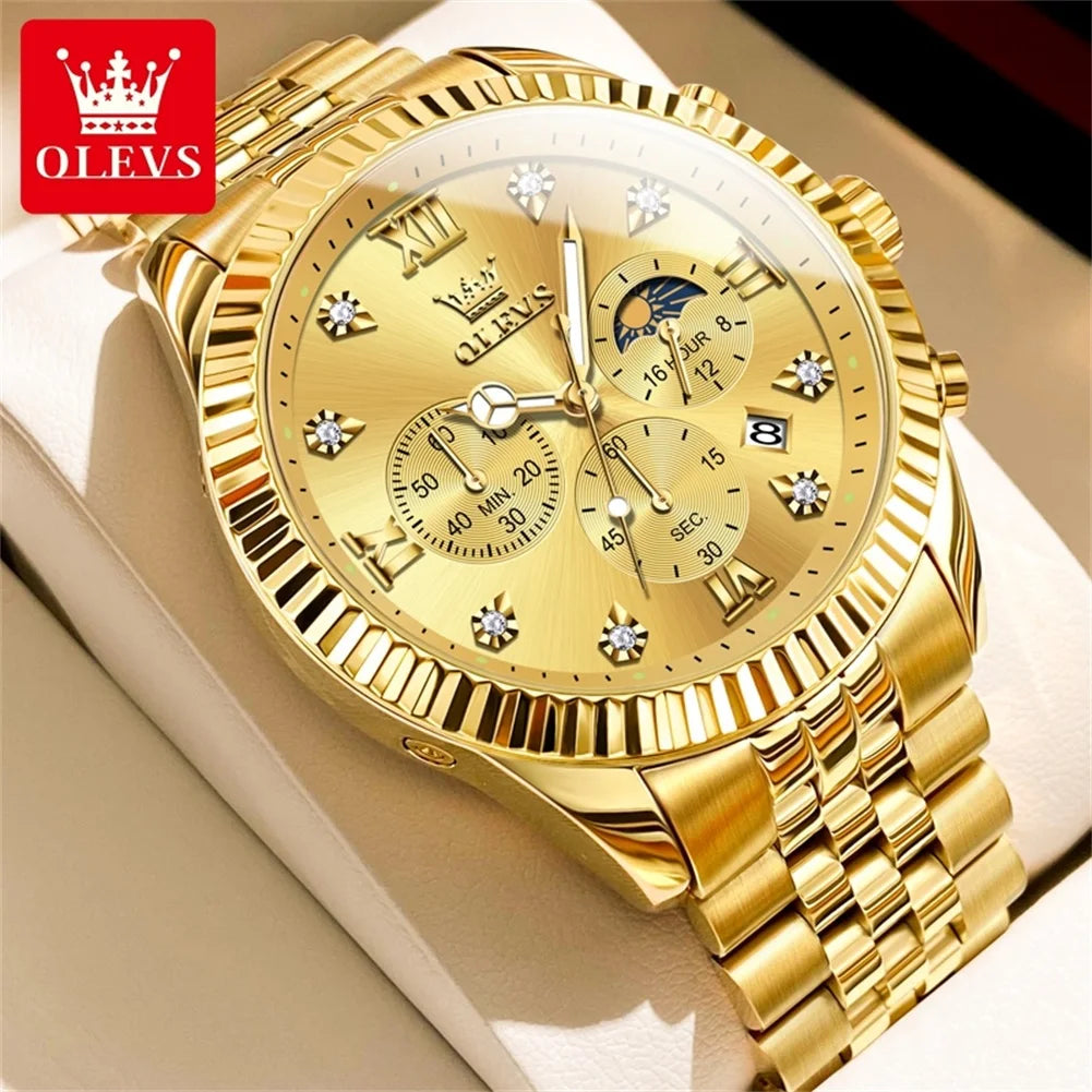 OLEVS New Original Quartz Men's Watches Moon Phase Waterproof Calendar Stainless steel Watch for Men Luminous Luxury Brand Watch