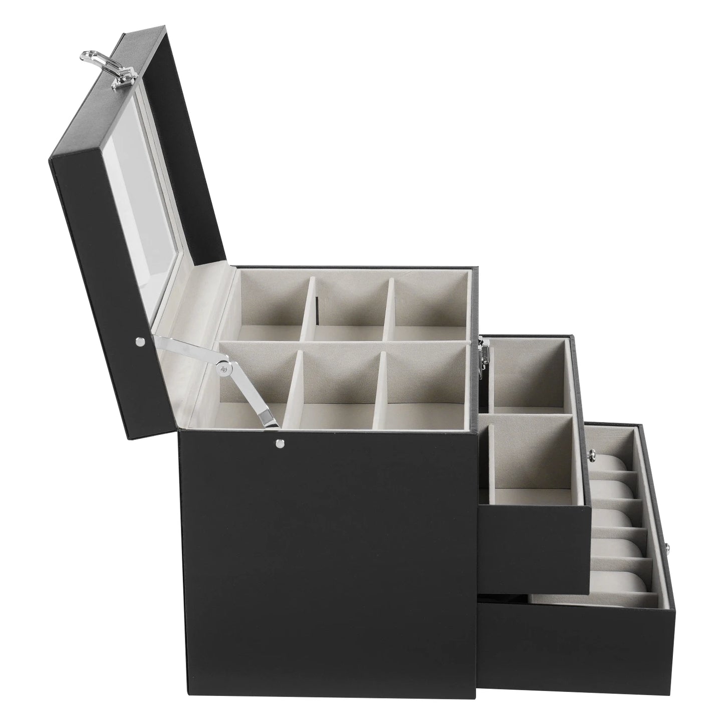 24-Slot Watch & Eyeglass Storage Box 3-Layer PU Leather Storage Display Case with Glass Top Holds 12 Watches & 12 Glasses