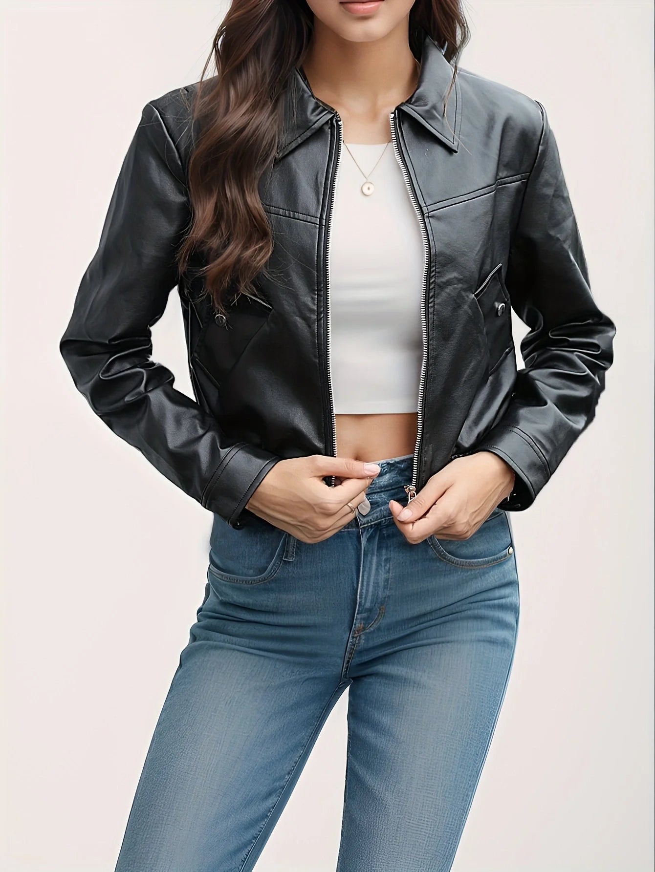 Women Fashion PU Motorcycle Jacket with Zipper Pockets Short