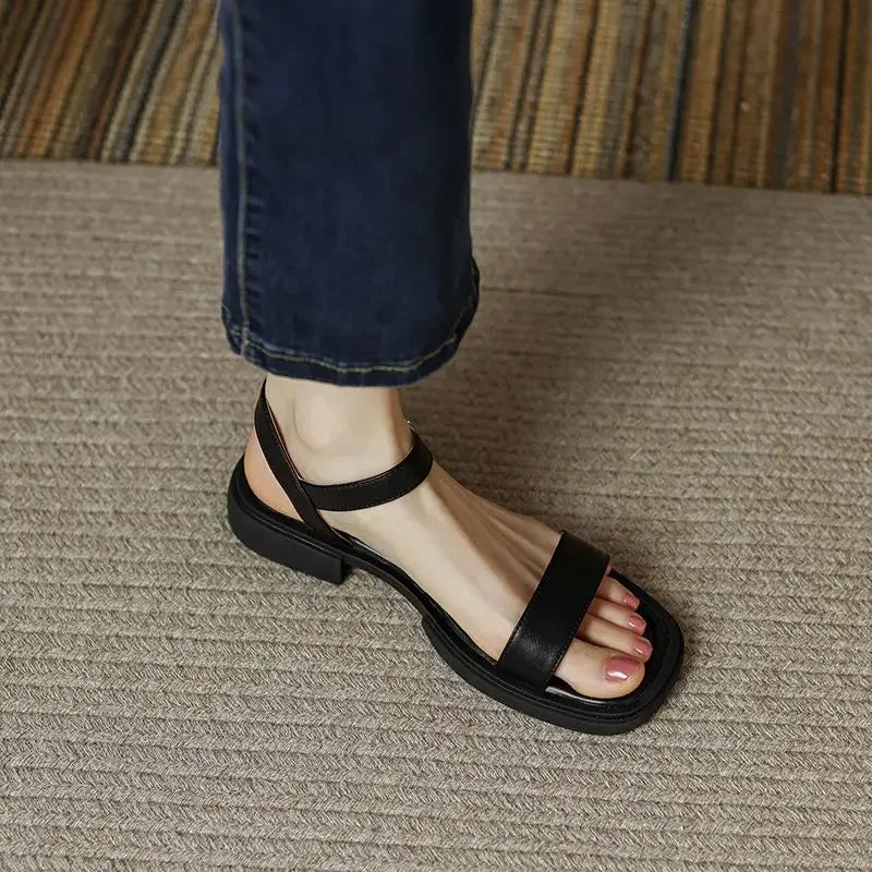 Black Sandals for Woman with Strap Summer 2024 Footwear Outdoor Women's Shoes Flat Leather One Word Comfort Korea Designer Trend