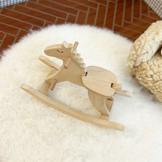 Vintage Wooden Rocking Horse Miniature Figurine for Dollhouse Decor and Photo Props in Mini Scene Shooting