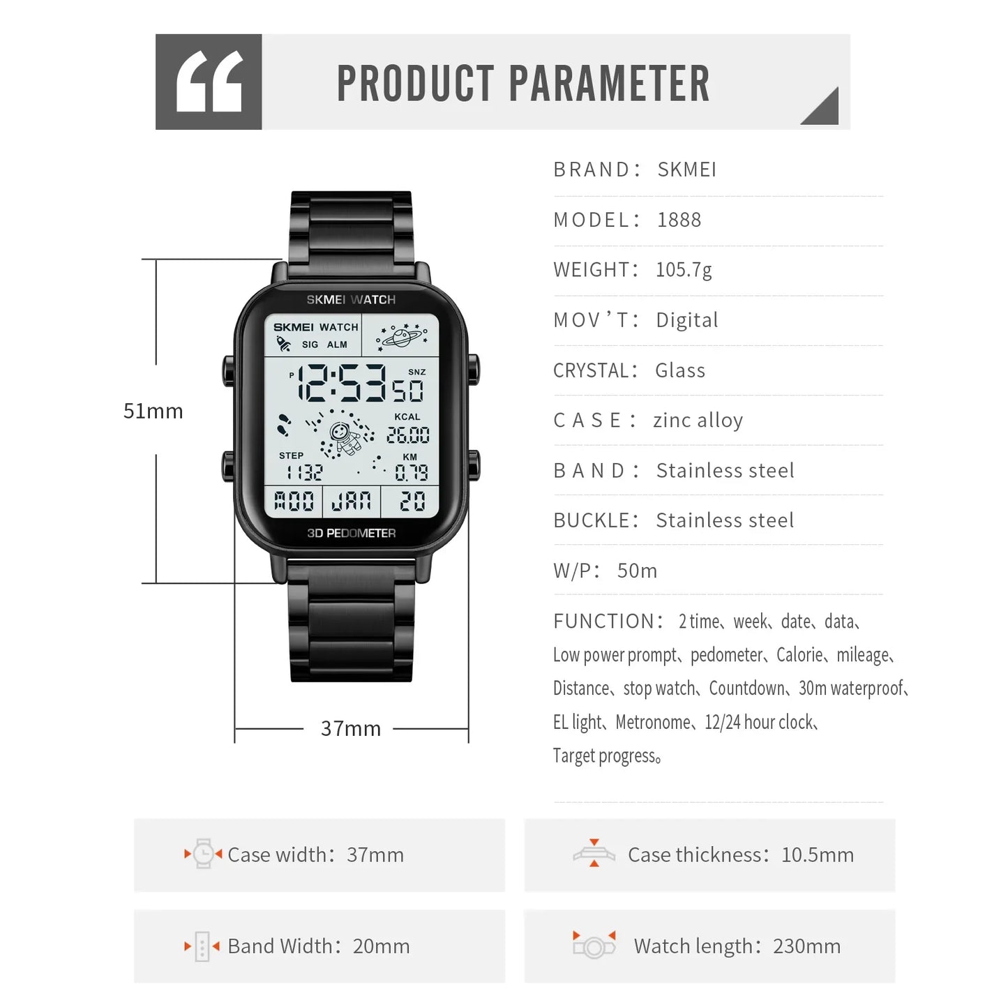 SKMEI 1888 Luxury Digital Watch for Men Waterproof Sports Electronic Wristwatches LED Display Stainless Steel Clock Reloj Hombre