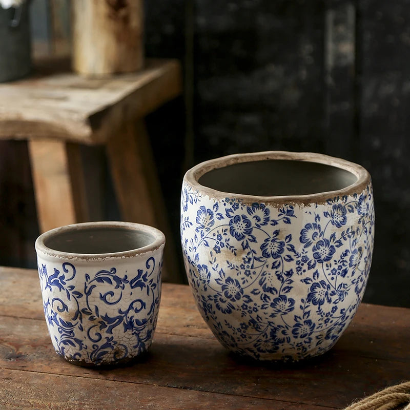 New Chinese Antique Blue And white Pottery Orchid Butterfly Ceramic Flower Pot Hydroculture Planting Flowers Green Plants Garden