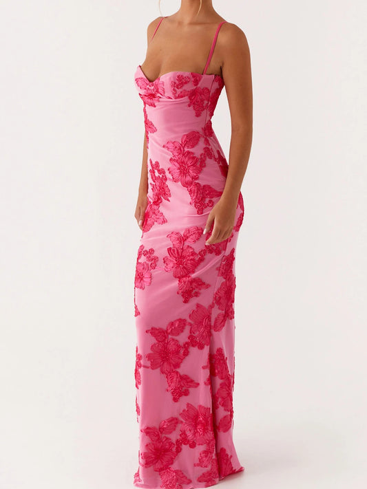 Elegant Lace Embroidered Maxi Dress with V-Neckline and Adjustable Spaghetti Straps Boho Chic Summer Beach Wedding Gown