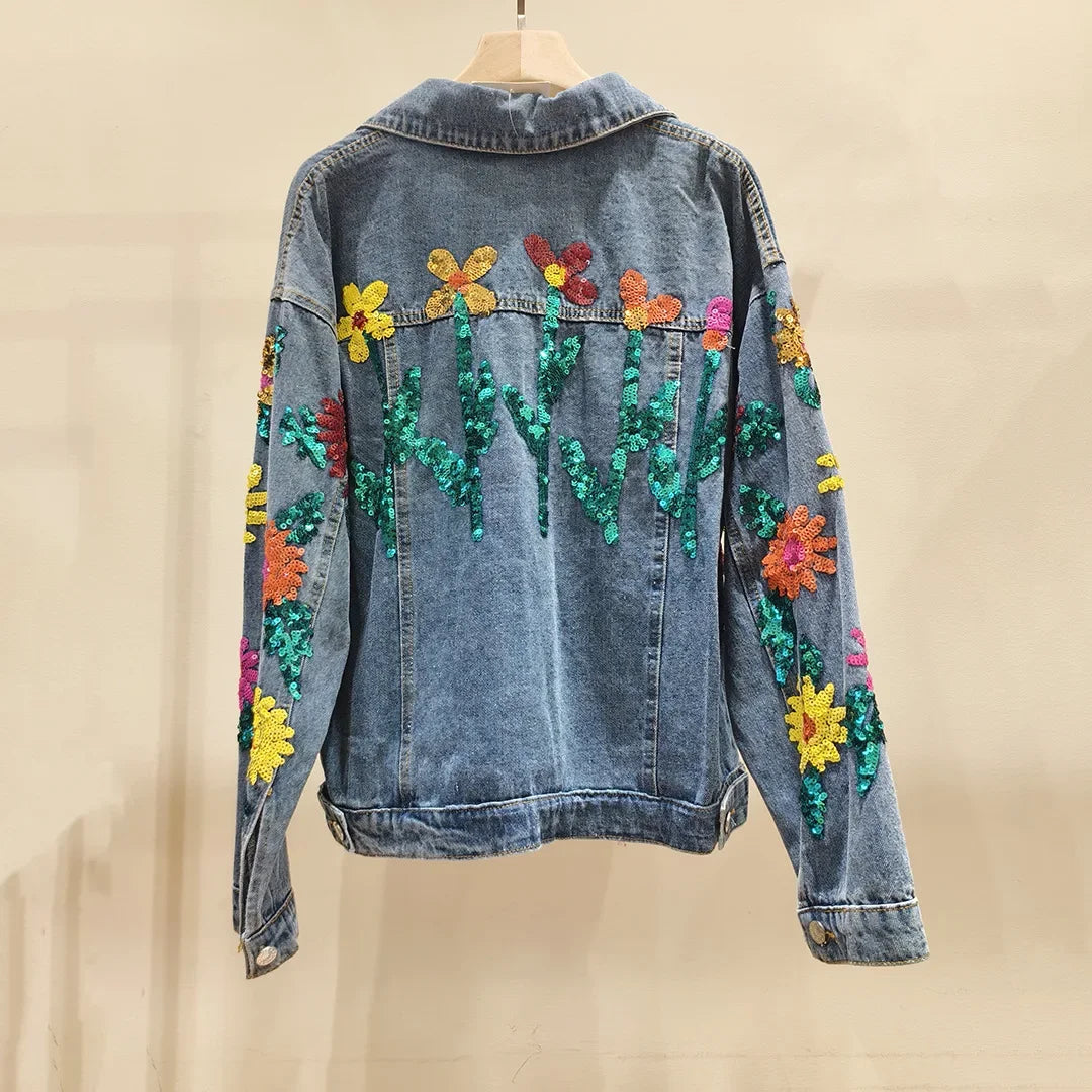 Sunflower Embroidery Denim Jacket with Sequins for Women