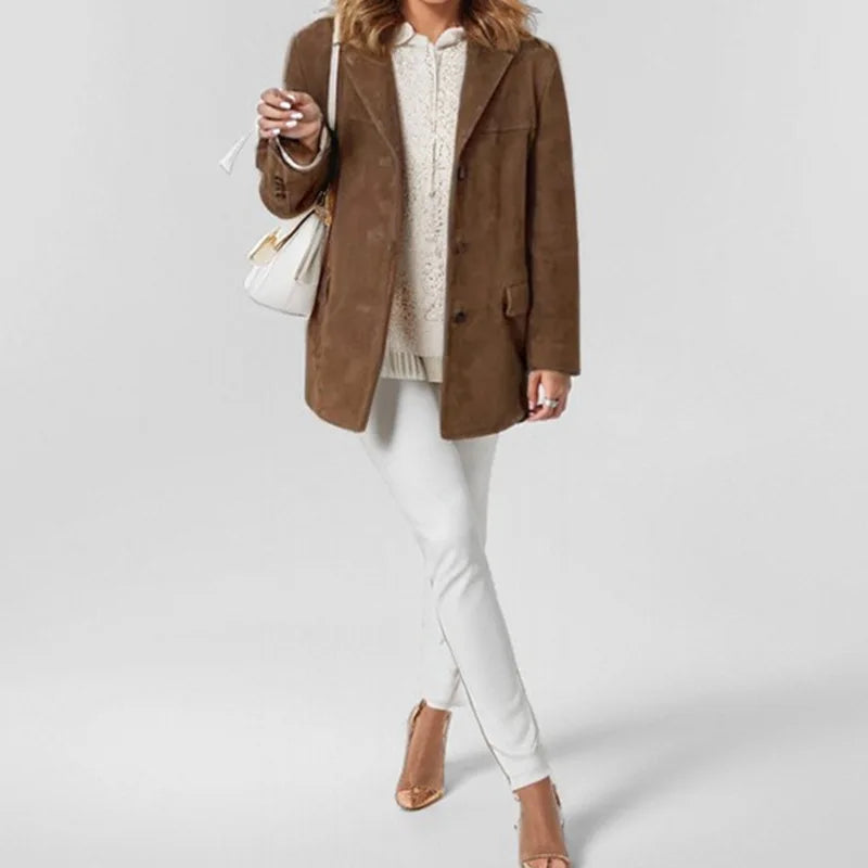 Casual Brown Suede Leather Jacket for Women with Lapel Pocket