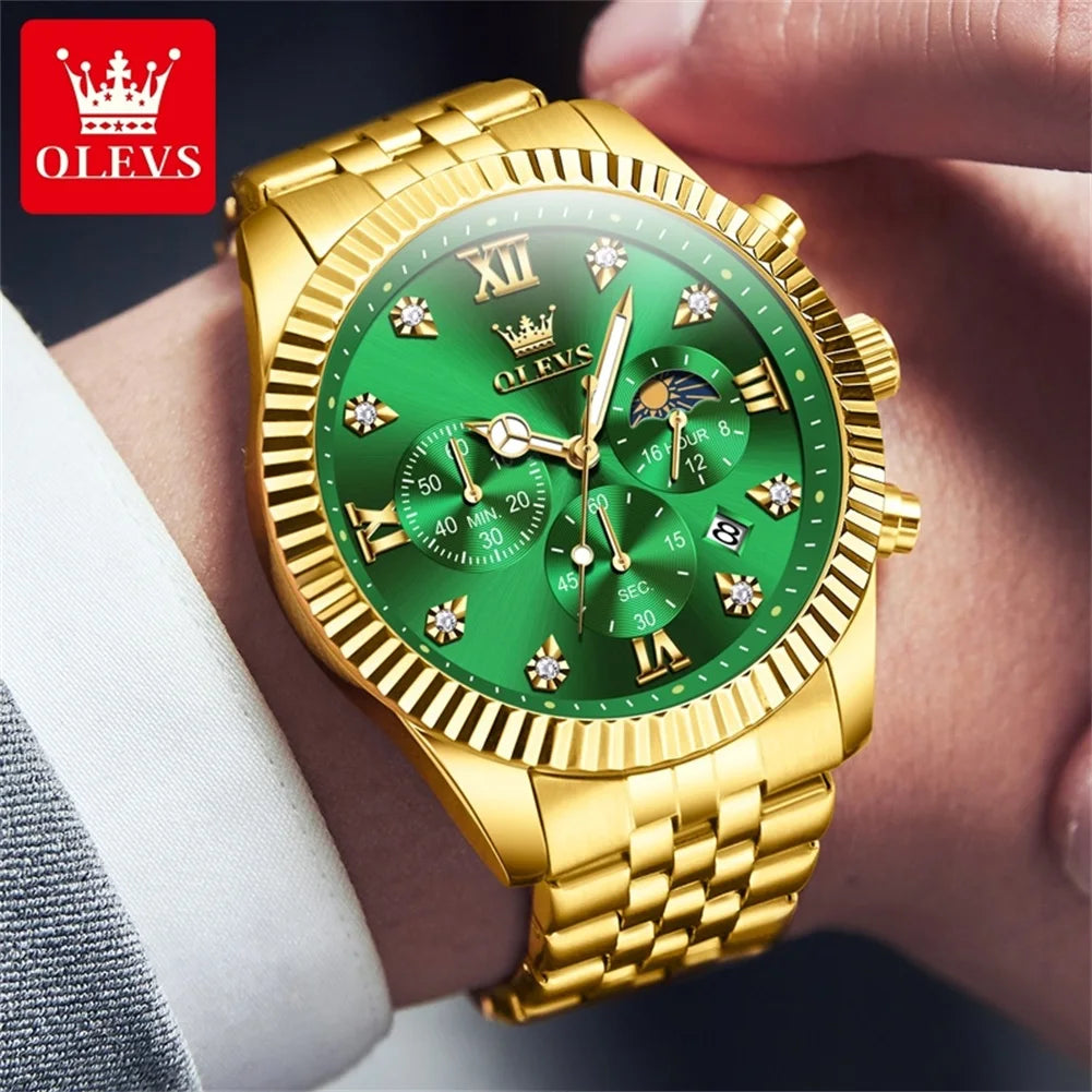 OLEVS New Original Quartz Men's Watches Moon Phase Waterproof Calendar Stainless steel Watch for Men Luminous Luxury Brand Watch