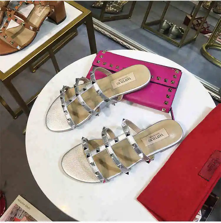 Women's sandals Gladiator summer 2025 luxury Brand Designer Heeled slipper Leather Silver Rivets High Heels Ladies shoes Women