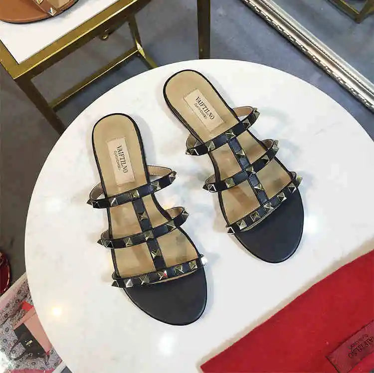 Women's sandals Gladiator summer 2025 luxury Brand Designer Heeled slipper Leather Silver Rivets High Heels Ladies shoes Women