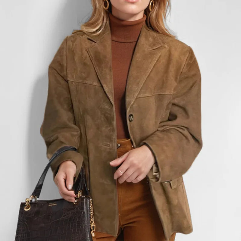 Casual Brown Suede Leather Jacket for Women with Lapel Pocket