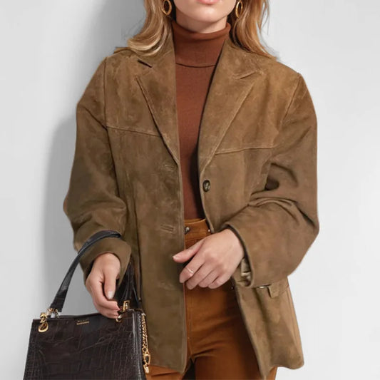 Casual Brown Suede Leather Jacket for Women with Lapel Pocket