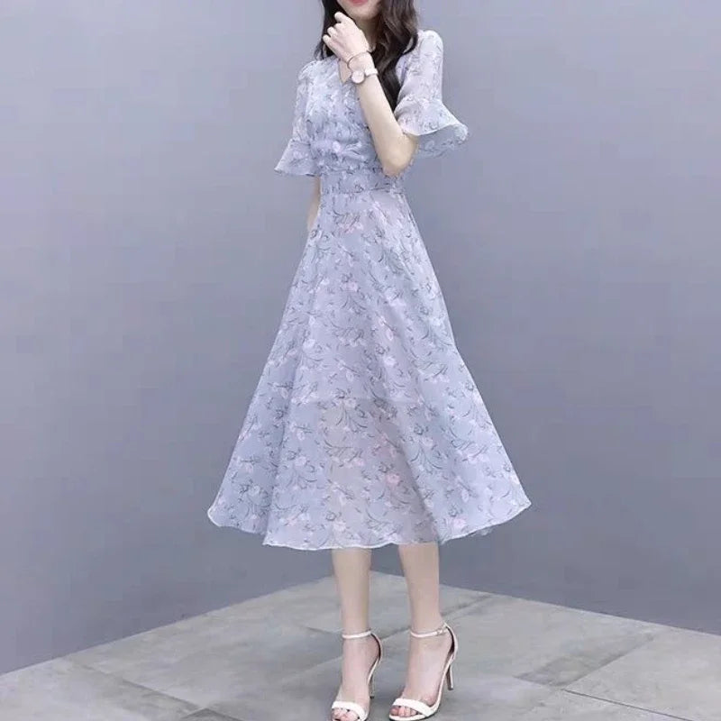 Silk Chiffon Midi Flower Dresses for Women Bandage Short Sleeve Woman Dress Floral Satin Outfits Clothing Elastic Casual Youth