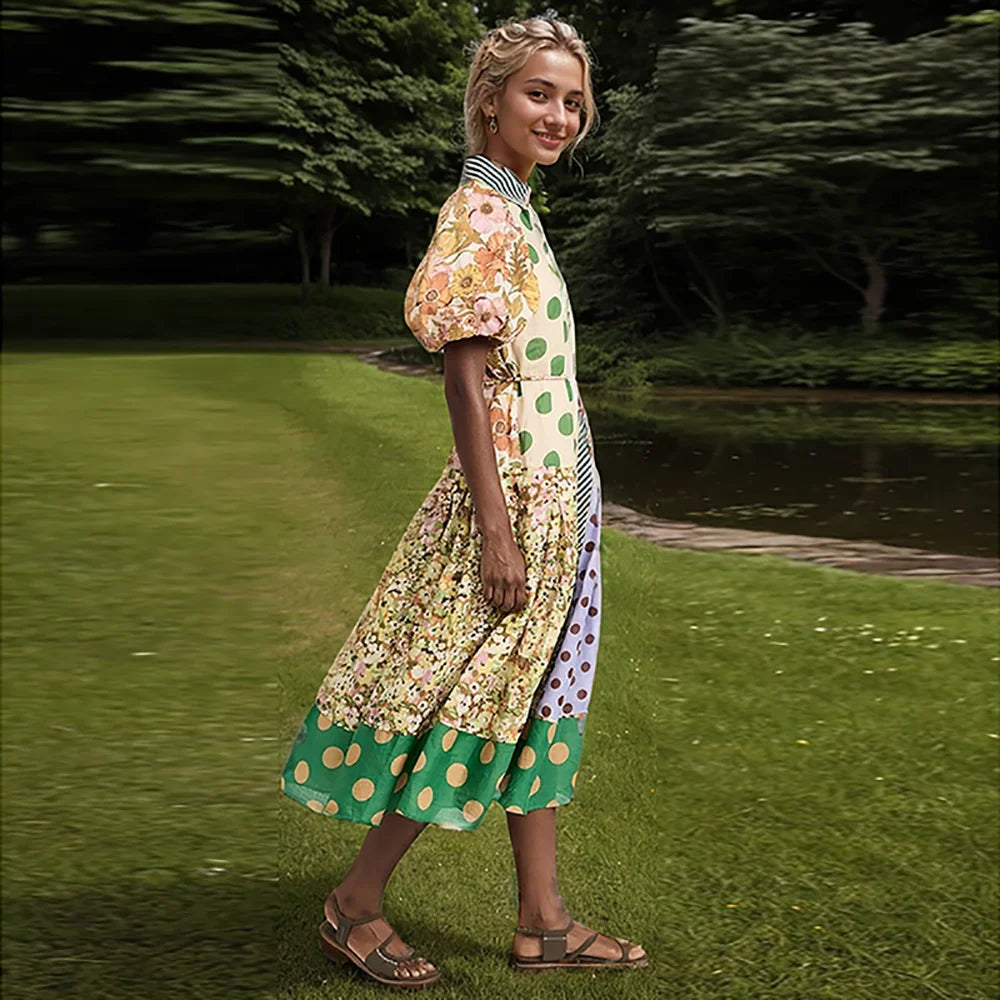 Summer Dresses Floral Dot Print Boho Dress Vacation Lapel Neck Lace Up Single Breasted Dresses Puff Sleeve Waist Swing Dress